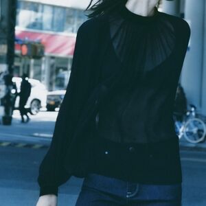 NWT ZARA Black Semi-Sheer Velvet Trim Blouse + Crop Top S